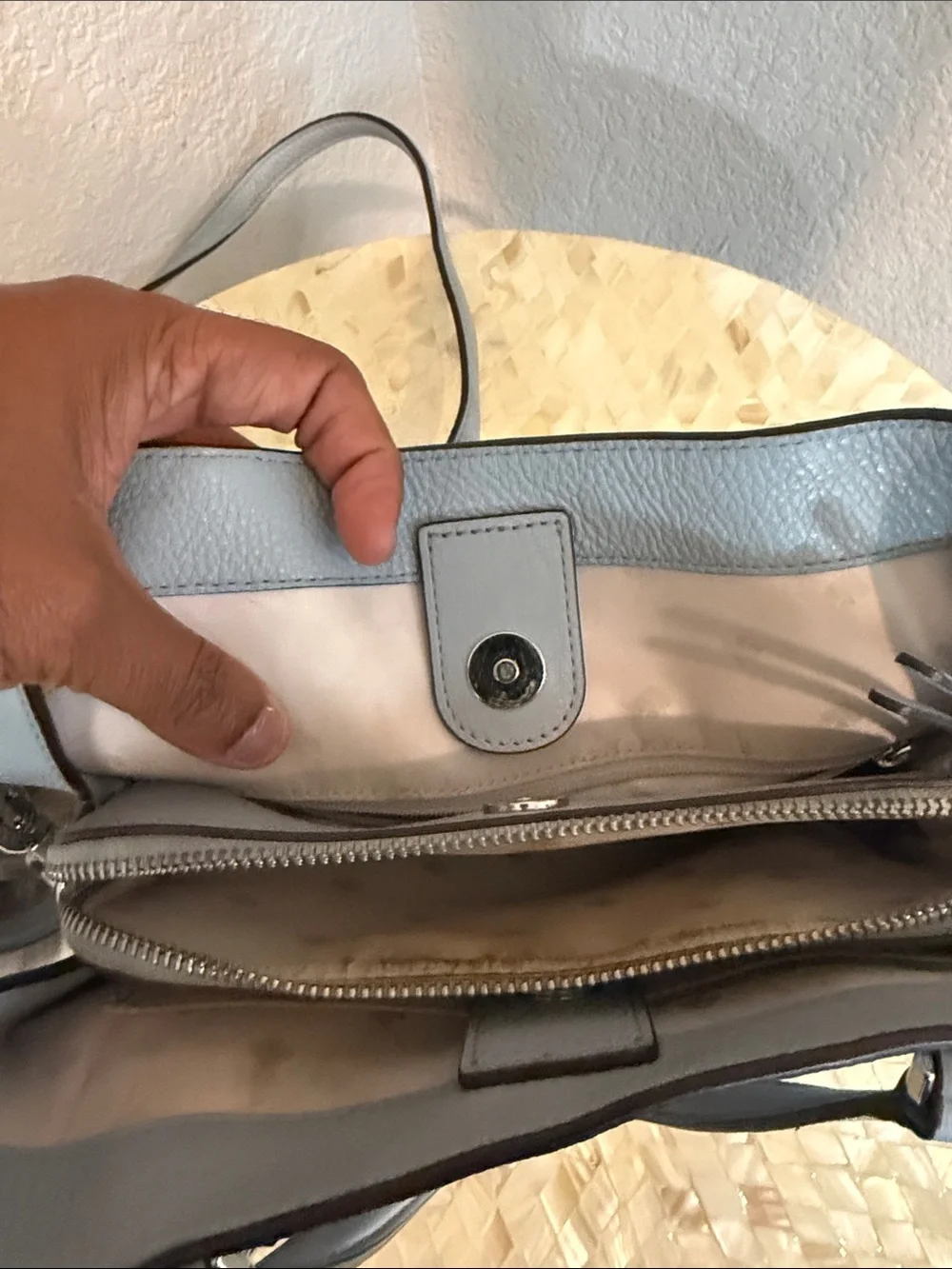 Kate Spade pale blue pebbled leather satchel with charm